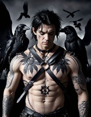 Hombre musculoso con arnés gótico, rodeado de cuervos negros, tatuajes oscuros, ojos intensos, cabello negro despeinado, ambiente sombrío y misterioso, cuervos sobre sus hombros y brazos, plumas negras esparcidas, ropa oscura y ajustada, detalles góticos y simbólicos, atmósfera oscura y emotiva.
