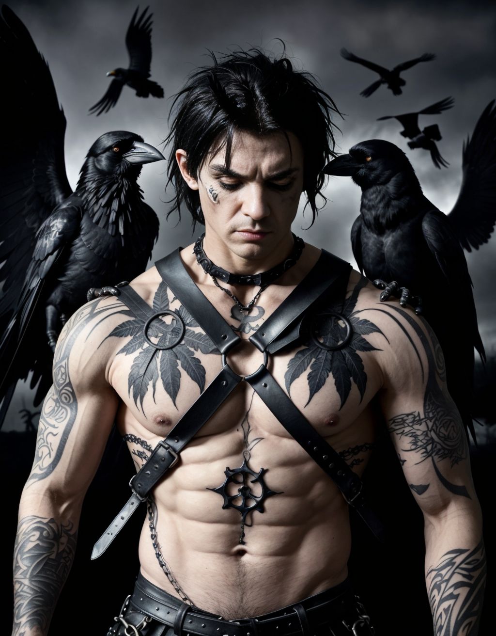 Hombre musculoso con arnés gótico, rodeado de cuervos negros, tatuajes oscuros, ojos intensos, cabello negro despeinado, ambiente sombrío y misterioso, cuervos sobre sus hombros y brazos, plumas negras esparcidas, ropa oscura y ajustada, detalles góticos y simbólicos, atmósfera oscura y emotiva.