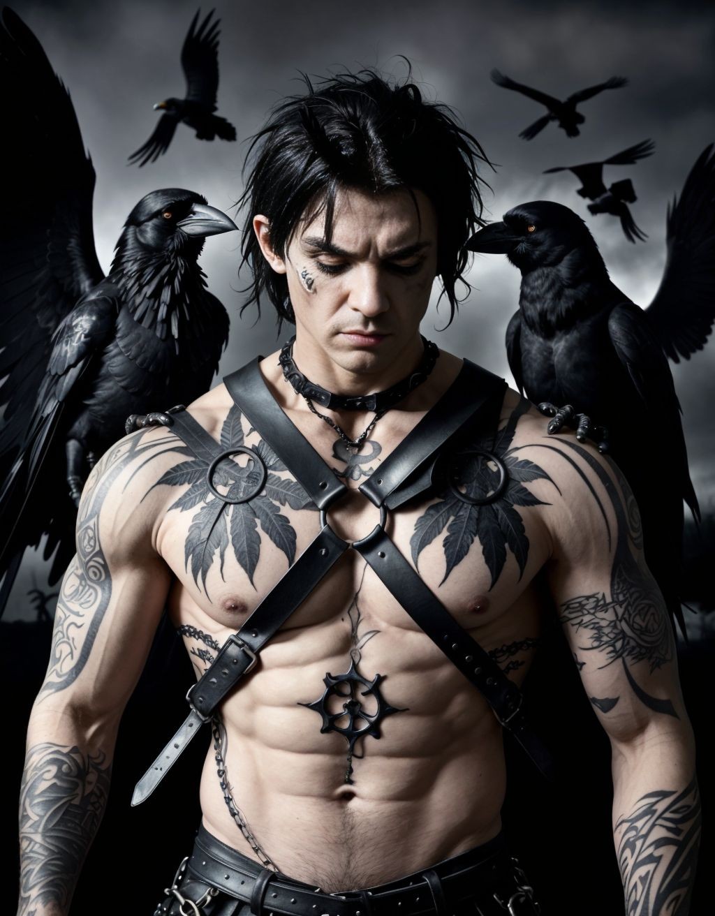 Hombre musculoso con arnés gótico, rodeado de cuervos negros, tatuajes oscuros, ojos intensos, cabello negro despeinado, ambiente sombrío y misterioso, cuervos sobre sus hombros y brazos, plumas negras esparcidas, ropa oscura y ajustada, detalles góticos y simbólicos, atmósfera oscura y emotiva.