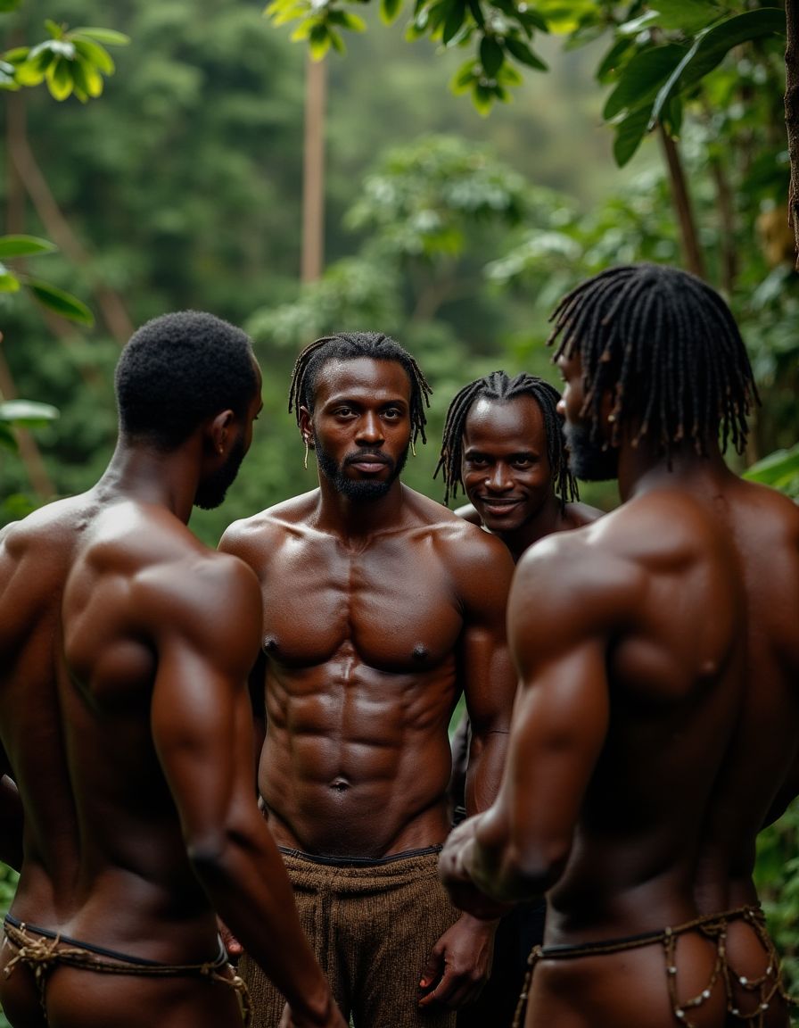 Un grupo de hombres africanos desnudos, con cuerpos musculosos y tatuados, se encuentran en medio de una densa selva. Es un ritual primitivo un joven aspirante a guerrero, debe desnudarse y ofrecer su cuerpo a los veteranos como iniciación sexual, será desvirgado y penetrado por todos. 