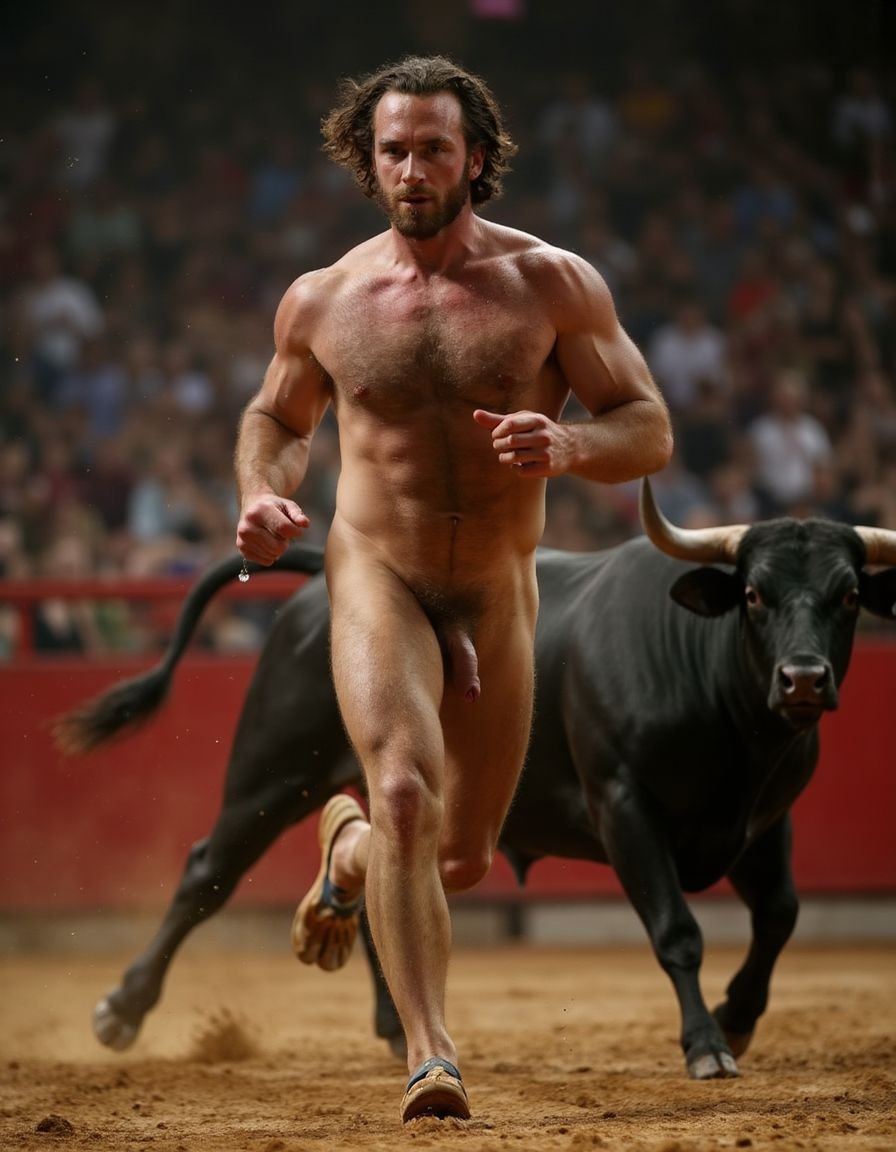 Hombre musculoso y velludo, torero español de 50 años, con un torso musculoso, tiene un pene hermoso perfecto y de tamaño XXL, tiene mucho vello púbico denso y moreno, piel bronceada y sudorosa. Tiene una barba incipiente, mientras su cabello largo castaño oscuro está despeinado y sudoroso, con gotas de sudor que resbalan por su frente y mejillas. Su torso es muy musculoso marcado definido y sus abdominales y pectorales están muy marcados y definidos, tiene un vello corporal muy denso que se extiende desde su pecho hasta sus piernas y hasta sus brazos y espalda.
Tiene un pene muy grueso con forma perfecta es el centro de atención y está rodeado de un denso vello púbico castaño oscuro. Tiene dos testículos grandes y perfectamente formados que cuelgan por debajo. Tiene piel bronceada con brillo de sudor y sus músculos están en forma y bien definidos con aspecto delgado pero sobresalen sus pectorales muy marcados sin nada de grasa.

La escena está en una plaza de toros en un ambiente sensual con sombras que resaltan la musculatura y el vello corporal del hombre.
Tiene sandalias en sus pies. Su pene está erecto y enseña un gran prepucio y un grande glande. A su lado hay un toro. Está corriendo delante del toro 