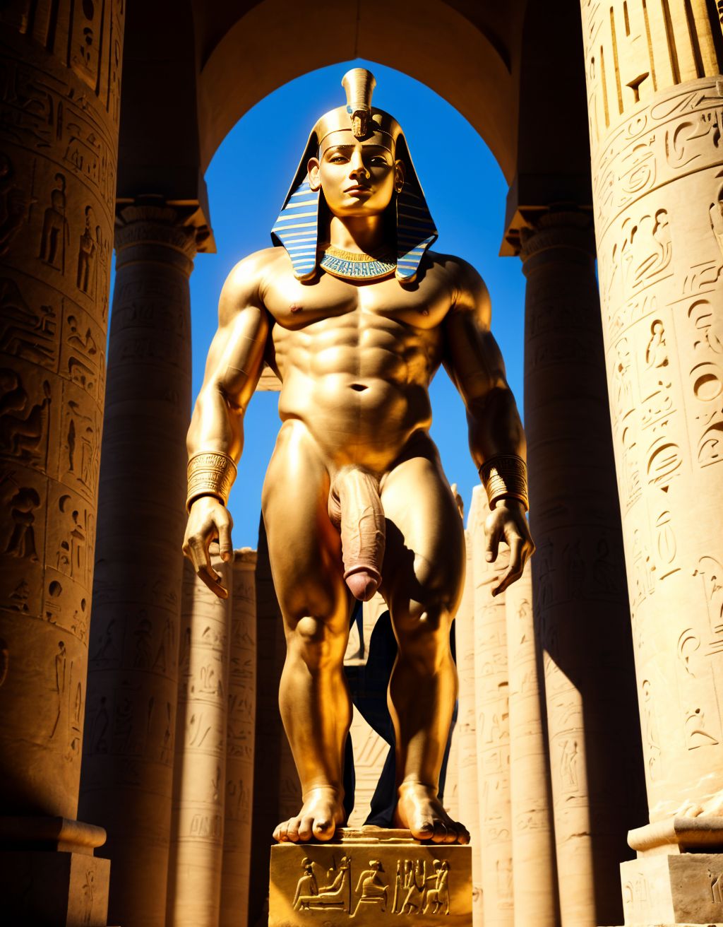 Faraón Ramsés 2 está desnudo en el Gran Templo de Abu Simbel. Tiene un pene muy grande y está erecto. Tiene dos testículos grandes.  