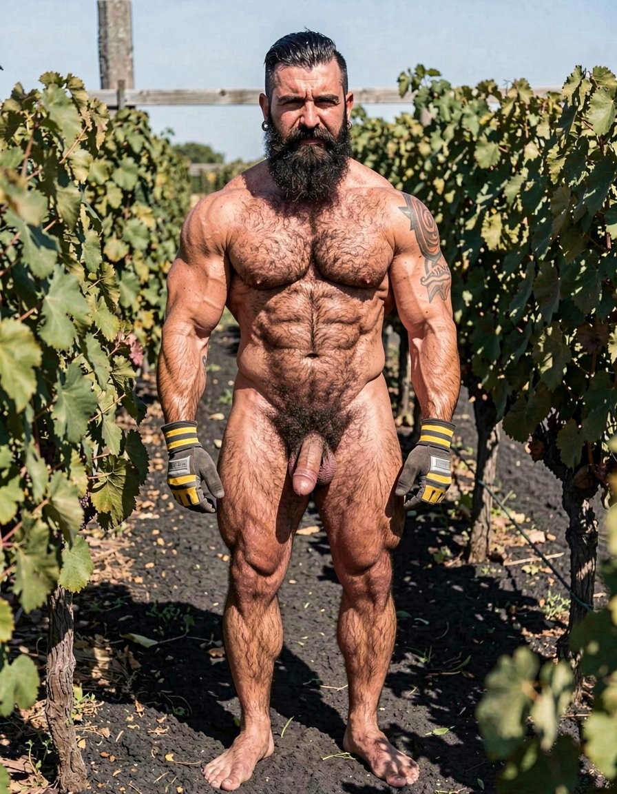 Un hombre desnudo y muy musculoso posa de pie entre hileras de viñedos bajo un sol intenso, con el cuerpo completamente visible, el pecho y abdomen marcados, piernas fuertes y abundante vello corporal; su pene cuelga de forma natural en el centro de la escena. Lleva guantes de trabajo grises con detalles amarillos, está descalzo sobre tierra oscura y seca, y luce una barba larga y espesa, el pelo corto peinado hacia atrás y un tatuaje en el brazo izquierdo. Las hojas verdes de las parras rodean el pasillo agrícola, creando un entorno rural de vendimia, trabajo en el campo y fuerza física al aire libre.