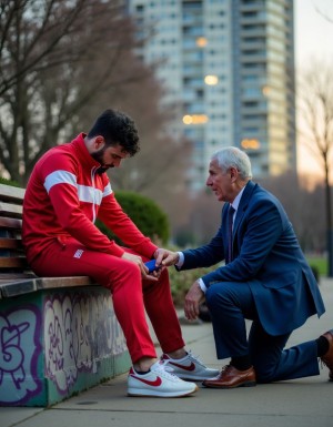 In an urban park at dusk, a young tracksuit lad, red and white tracksuit, Nike sneakers, sits sprawled on a graffiti-covered bench, legs spread wide apart. He commands with his body language while an older executive in a blue suit and expensive Oxford shoes kneels at his feet, forced to polish the dirty Nike sneaker with his expensive silk tie, fighting to hold his pride as passersby glance their way.