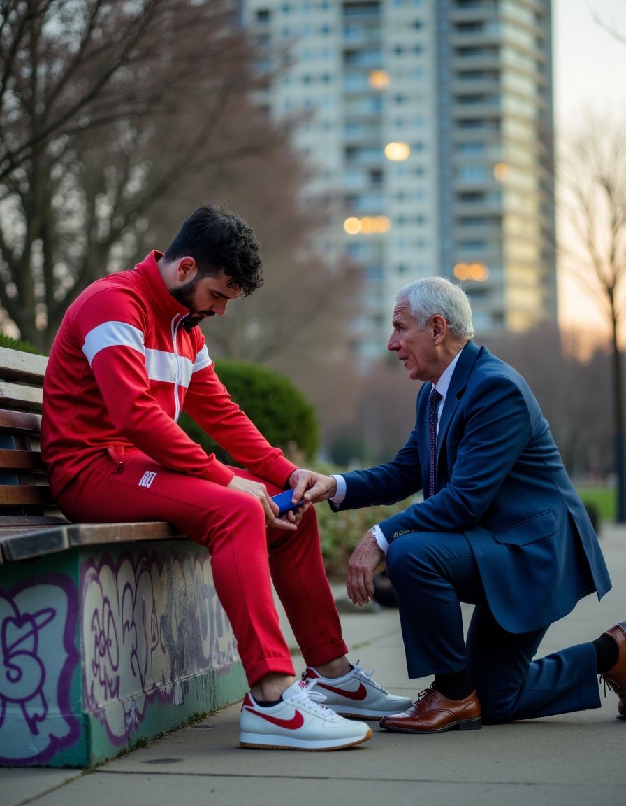 Un hombre joven con chándal rojo y franjas blancas está sentado en un banco de madera junto a un muro con grafitis, inclinado hacia delante con gesto abatido mientras mira al suelo. Frente a él, un hombre mayor con traje azul, camisa y corbata se arrodilla sobre una rodilla y le sujeta la mano con actitud cercana y consoladora, como en una conversación de apoyo emocional o ayuda personal. La escena transcurre en un parque urbano al atardecer, con árboles sin hojas, una acera amplia y edificios altos desenfocados al fondo. Las zapatillas blancas y rojas del joven, los zapatos marrones del hombre mayor y la luz suave crean un contraste entre vulnerabilidad, empatía y acompañamiento en un entorno de ciudad.