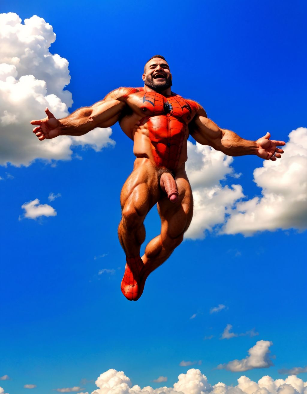 Spiderman velludo musculoso totalmente desnudo volando sobre una nube en el cielo azul. Tiene el pene grande. Tiene los testículos grandes y peludos. Volando.