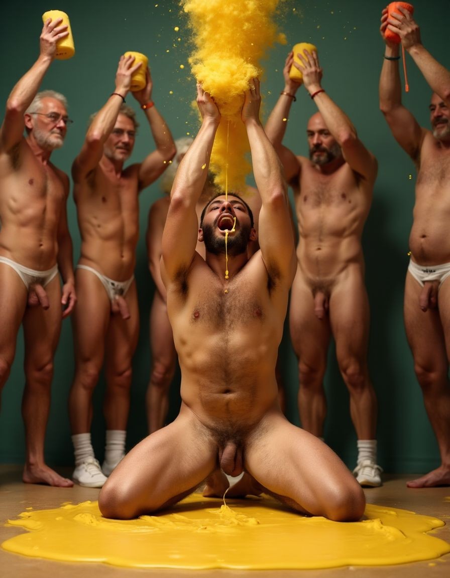 Un hombre desnudo arrodillado en el centro recibe una gran descarga de pintura o líquido amarillo sobre la cabeza y la boca abierta, con el chorro cayendo por su rostro, pecho, abdomen y entre las piernas hasta formar un charco brillante en el suelo; su pene y escroto quedan parcialmente visibles bajo el líquido. A su alrededor, varios hombres con suspensorios blancos, algunos canosos y otros calvos o con barba, levantan recipientes amarillos y rojos como si participaran en un ritual escénico. El fondo verde oscuro, la iluminación de estudio y la composición simétrica resaltan los cuerpos masculinos, la desnudez, la textura viscosa y el intenso color amarillo de la escena.
