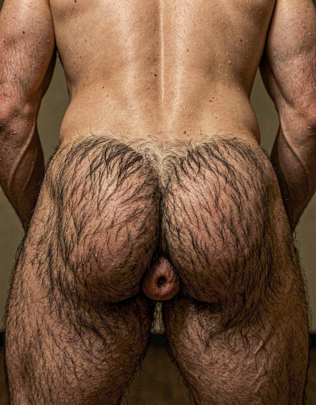 Mike Morris, a 32-year-old Caucasian male with an extremely lean and athletic physique at only 8% body fat, stands completely naked. Photorealistic rear view shot, camera positioned 1.5 meters away for a tighter but not extreme close-up, ultra sharp 8k detail, zero distortion, perfect anatomy and proportions. Gayon Von Neumann standing slightly bent forward, legs apart. His round, high, extremely muscular ass is the absolute focus: firm powerful glutes with visible muscle separation, tight and perfectly shaped. Dense black body hair covers the upper cheeks and grows thick and wild all the way down the deep crack. The buttocks are spread enough to clearly show his small, tight, clenched anus in the center — dark pinkish-brown hole surrounded by a visible ring of finer black hair. Realistic skin texture, natural skin pores, individual strands of black hair, subtle sweat sheen on the skin, natural shadows and depth between the cheeks. Warm natural lighting, hyper-realistic, photorealistic, no deformation, museum quality detail.  Mejora la imagen, coloca el ojete en la parte más inferior de los glúteos..