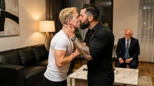Dos hombres se besan con intensidad en un salón moderno, de pie frente a un sofá de cuero negro y una mesa de mármol, mientras uno de ellos, vestido con camisa negra y con el brazo tatuado, sujeta con firmeza el cuello del otro, que lleva camiseta blanca ajustada y reloj. La escena transmite cercanía, deseo y tensión emocional, con sus rostros pegados y los ojos cerrados en un gesto íntimo. Al fondo, un hombre mayor con traje oscuro y corbata permanece sentado en silencio, mirando hacia abajo, creando un contraste incómodo y dramático dentro de un ambiente elegante con lámpara cálida, cortinas oscuras y decoración contemporánea.