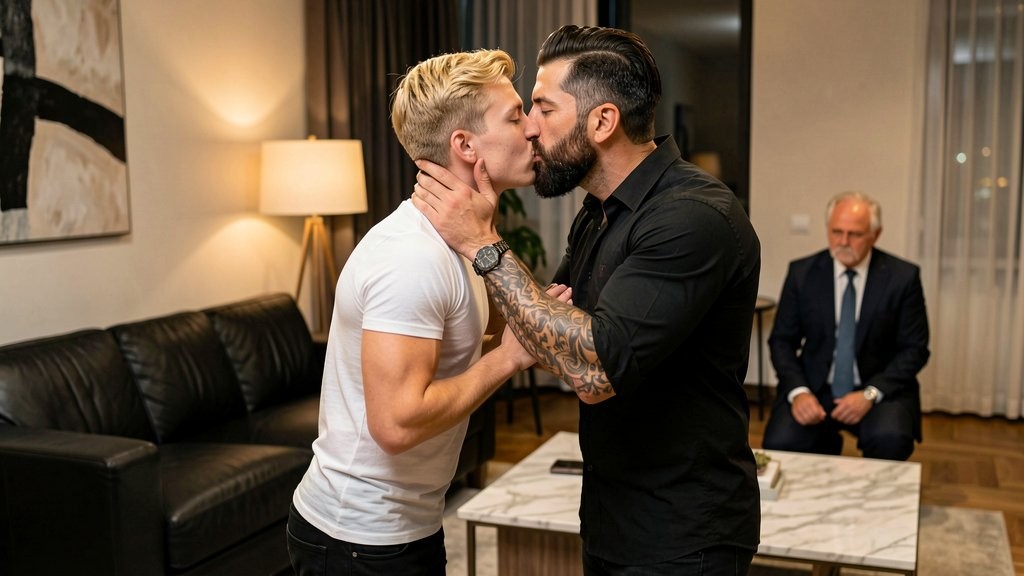 Two men kiss intensely in a modern living room, standing in front of a black leather sofa and a marble table, while one of them, dressed in a black shirt and with a tattooed arm, firmly holds the other's neck, who is wearing a tight white T-shirt and a watch. The scene conveys closeness, desire, and emotional tension, with their faces pressed together and their eyes closed in an intimate gesture. In the background, an older man in a dark suit and tie remains seated in silence, looking down, creating an uncomfortable and dramatic contrast within an elegant setting with a warm lamp, dark curtains, and contemporary decor.