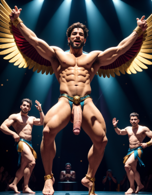Hermes es el dios de los mensajeros, el comercio, los ladrones, y los viajeros. Tiene sandalias. Tiene pene grande y largo. Tiene testículos muy grandes. Está acariciando su pene. Está bailando en el escenario rodeado de dos bailarines desnudos. Tiene un pañuelo en la mano derecha.