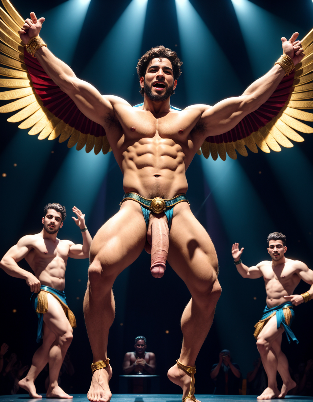 Hermes es el dios de los mensajeros, el comercio, los ladrones, y los viajeros. Tiene sandalias. Tiene pene grande y largo. Tiene testículos muy grandes. Está acariciando su pene. Está bailando en el escenario rodeado de dos bailarines desnudos. Tiene un pañuelo en la mano derecha.