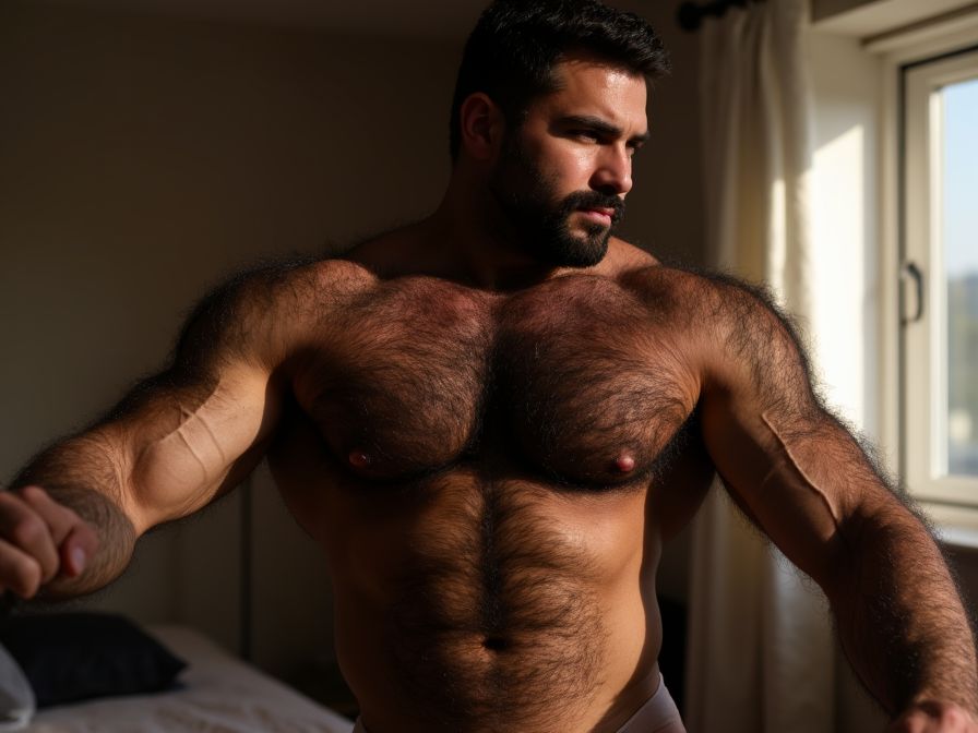 Un sumiso de cuerpo completo, con brazos fuertes y musculados y pelo abundante , se muestra sin ropa, exhibiendo su figura robusta y masculina. Su piel brilla bajo la luz suave, resaltando sus curvas y la belleza de su físico. La escena transmite una sensación de entrega y deseo, capturando la esencia de la sensualidad masculina.