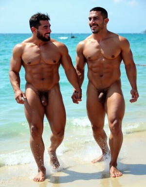 Solo hombres desnudos musculosos. Tienen un pene erecto de 50 cm de longitud y 8 cm de diámetro. Dibujos tipo KAKE de Tom of Finland.
((Kake Comics)). Antonio tiene un pene de 50 cm de longitud y 8 cm de diámetro. Juan tiene músculos muy definidos y tiene mucho vello es muy peludo. Están corriendo alegremente. Fondo de una playa con mar precioso. Fondo de hombres desnudos morenos