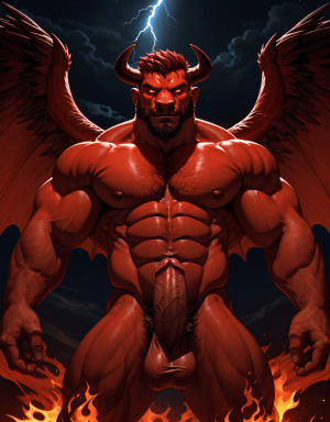 Diablo Satanás desnudo, pene grande:1.5, testículos oscuros:1.2, vello corporal abundante:1.1, bronceado:1, alas negras y rojas oscuras:1.3, brazos hacia arriba, implorando rayos y fuego, ojos rojos grandes:1.2, barba:1, delgado, testículos visibles:1.1, ano expuesto:1, rodeado de llamas y humo:1.2, chorro de fuego rojo en pene erecto:1.5, torso de toro musculoso:1.2. Tiene fuego en su ano y tiene mucho fuego en sus testículos.