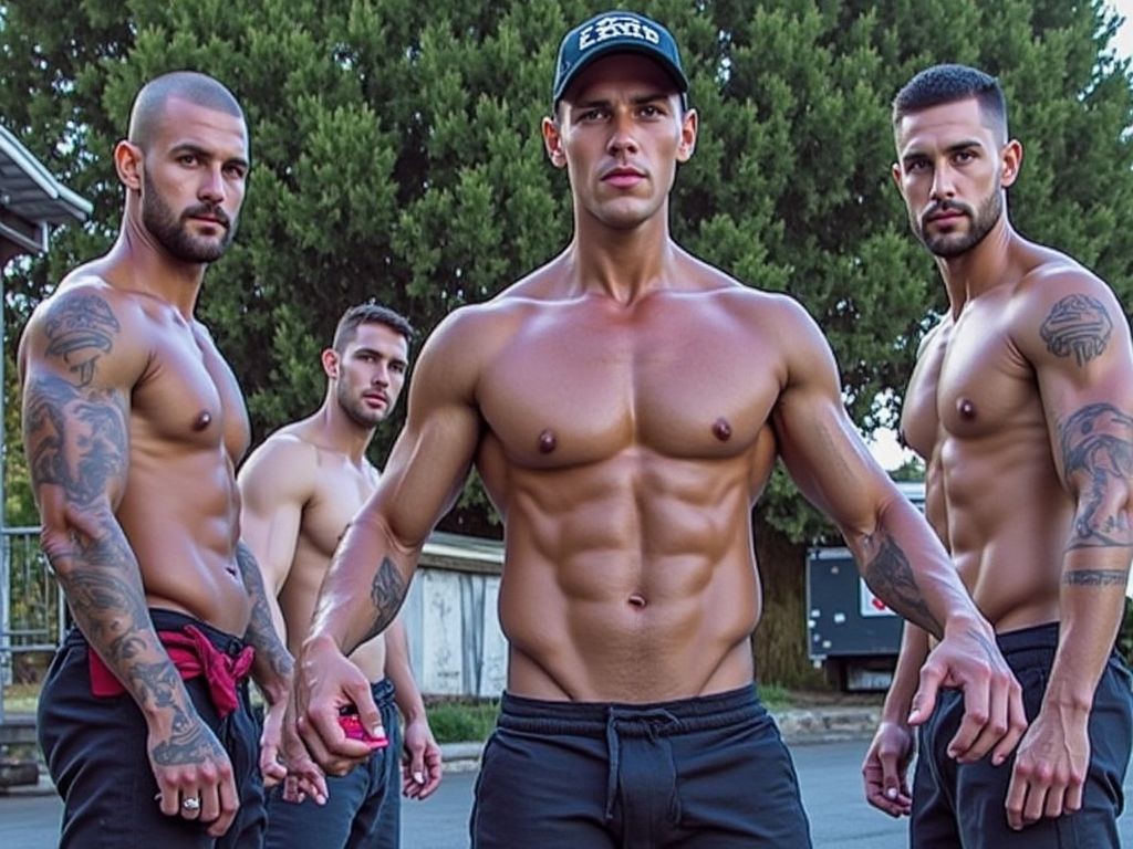 Quatre nois hetero de barri fent esport a la montanya de Collserola, s'han tret les samarretes i el líder mostra el seu cos musculós amb orgull de mascle als altres. Al fons es veu el bosc i alguns campers. 