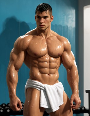 Hombre musculoso de 28 años, jugador de fútbol, cubierto de gotas de agua, parado en un gimnasio, físico atlético, torso desnudo, toalla húmeda en la cintura, piel brillante, sombras dramáticas, expresión serena y cansada, estilo pop art y graffiti, texturas húmedas, fondo desenfocado, enfoque en la forma poderosa del jugador.