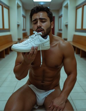 Un hombre árabe de 19 años, musculoso, arrodillado en el suelo de un vestuario, sosteniendo una zapatilla deportiva blanca y sucia cerca de su boca con expresión de desesperación y confusión, ojos cerrados con lágrimas, torso desnudo mostrando músculos definidos, pantalones bajados, una mano en su entrepierna, ambiente de vestuario con azulejos blancos y bancos de madera, iluminación fluorescente, estilo fotorrealista, alta calidad, 4K.