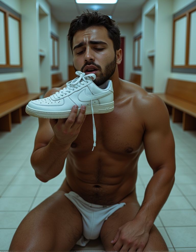 Un hombre árabe de 19 años, musculoso, arrodillado en el suelo de un vestuario, sosteniendo una zapatilla deportiva blanca y sucia cerca de su boca con expresión de desesperación y confusión, ojos cerrados con lágrimas, torso desnudo mostrando músculos definidos, pantalones bajados, una mano en su entrepierna, ambiente de vestuario con azulejos blancos y bancos de madera, iluminación fluorescente, estilo fotorrealista, alta calidad, 4K.