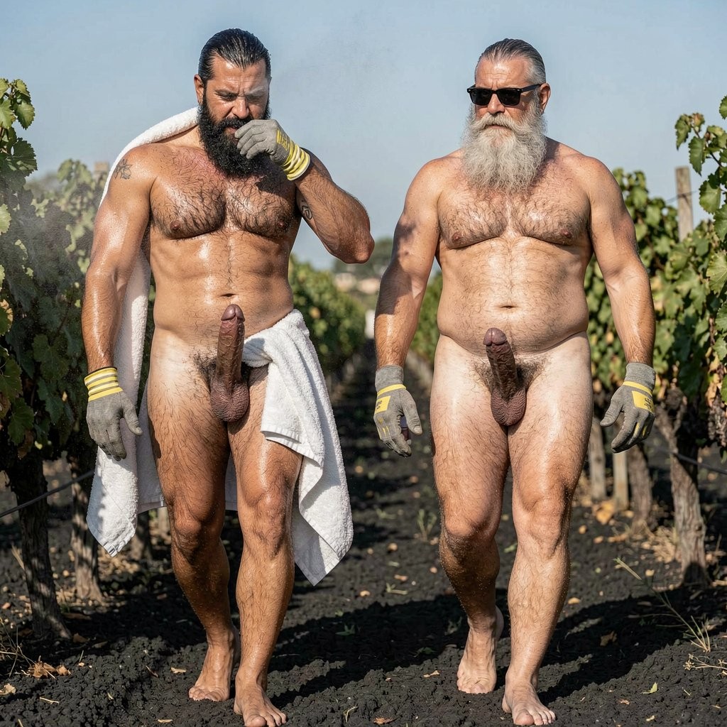 In the harsh direct midday Mediterranean sun of a Santorini vineyard on black volcanic soil between rows of Assyrtiko vines, a hyper-realistic full-body vertical photograph captures Dimitris, the 32-year-old Greek vineyard worker at 5% body fat, standing tall and fully naked except for his dirty grey work gloves with yellow and white stripes. He has just finished washing and is now obediently drying his competition-level physique with a large white towel: one gloved hand vigorously rubs the dense matted black hair on his massive chest and carved eight-pack abs while the other dries his thick neck, veiny arms, round hairy glutes and powerful thighs, water droplets still glistening on his bronzed skin. His short jet-black hair with faded sides is freshly combed back, thick black beard neatly groomed, silver earring shining, small “hipsterbarba” tattoo visible on his right bicep. After drying he sprays himself with masculine perfume, the mist catching the light as it settles on his vascular body and black body hair. Beside him stands Hipsterbarba, 45 years old at 8% body fat, naked except for his thick black glasses and long salt-and-pepper hipster beard, his own muscular hairy physique still showing traces of their encounter, watching with dominant satisfaction. Both men now begin walking side by side away through the vineyard, bare feet sinking into the warm volcanic soil, muscles flexing with each step, cocks swinging heavily between their thick hairy legs. Brutal overhead sunlight creates razor-sharp specular highlights on wet skin, black body hair, the white towel, perfume mist and every striation and vein while casting deep dramatic shadows that sculpt their extreme musculature. Raw masculine post-sex ritual atmosphere, total obedience turning into casual dominance, flawless anatomy with zero cropping from the top of Dimitris’ combed head all the way down to the tips of his bare feet on the dark earth, ultra-sharp photorealistic detail, cinematic lighting, sweat, clean wet skin and the scent of perfume in the hot air.