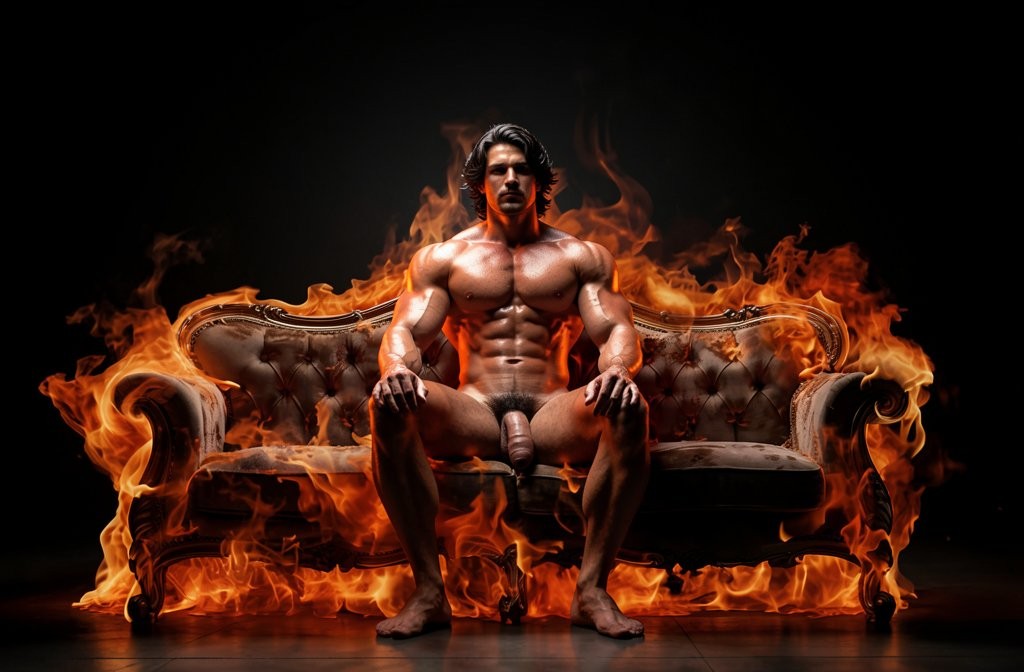Un hombre desnudo y muy musculado aparece sentado con postura dominante en un sofá clásico de estilo capitoné, rodeado por llamas intensas que envuelven el mueble y el suelo oscuro. Su torso definido, abdominales marcados, brazos fuertes y piernas abiertas quedan iluminados por el resplandor naranja del fuego, con el pene visible en el centro de la composición. El fondo negro y la iluminación dramática crean una atmósfera poderosa, teatral y agresiva, reforzada por el contraste entre la piel brillante, el humo, las brasas y el sofá elegante consumiéndose entre llamas.