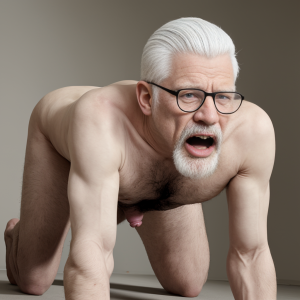 hombre maduro, 57 años, delgado, pero barrigón, poco vello, pene pequeño, a 4 patas, pelo blanco escaso, perilla blanca corta, gafas, boca abierta, cara viciosa 