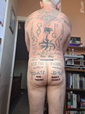 Xtudr - FaggotTattoo: Completely exposed faggot who craves exposure and loves being naked outdoors for all to see its fag tattoos. All tatto...