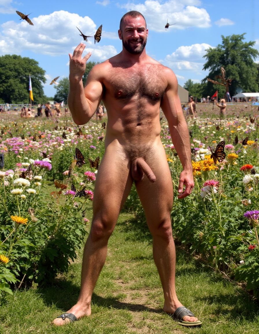 hombre culturista de 35 años posando desnudo de cuerpo completo, sonriente, tensa los bíceps, tiene un pene de 40 cm de longitud y 7 cm de diámetro. Está delgado y esbelto, tiene dorsales marcados y bien definidos muy, piernas con músculos muy definidos, tiene cintura estrecha, es un poco calvo, tiene grandes pezones rosas. Tiene un pene de 45 cm de longitud y 7 cm de diámetro. Tiene mucho vello en pecho y brazos y piernas. Tiene testículos de 15 cm de diámetro que están colgando y se mueven al compás de los movimientos del cuerpo. Fondo de muchas margaritas de todos los colores y miles de mariposas volando. Tiene el cuerpo bronceado por el Sol. Tiene el ano relajado y abierto y a la vista del espectador. Por su pene erecto. Con su mano derecha rodea su pene por su perímetro acariciando el pene con suavidad. Tiene un gran pene erecto. Tiene piercings de pezón en los pezones.  (respeta la forma y la proporción del cuerpo y sé fiel a la forma real del cuerpos sin distorsiones) (+10) Tiene sandalias en sus pies.