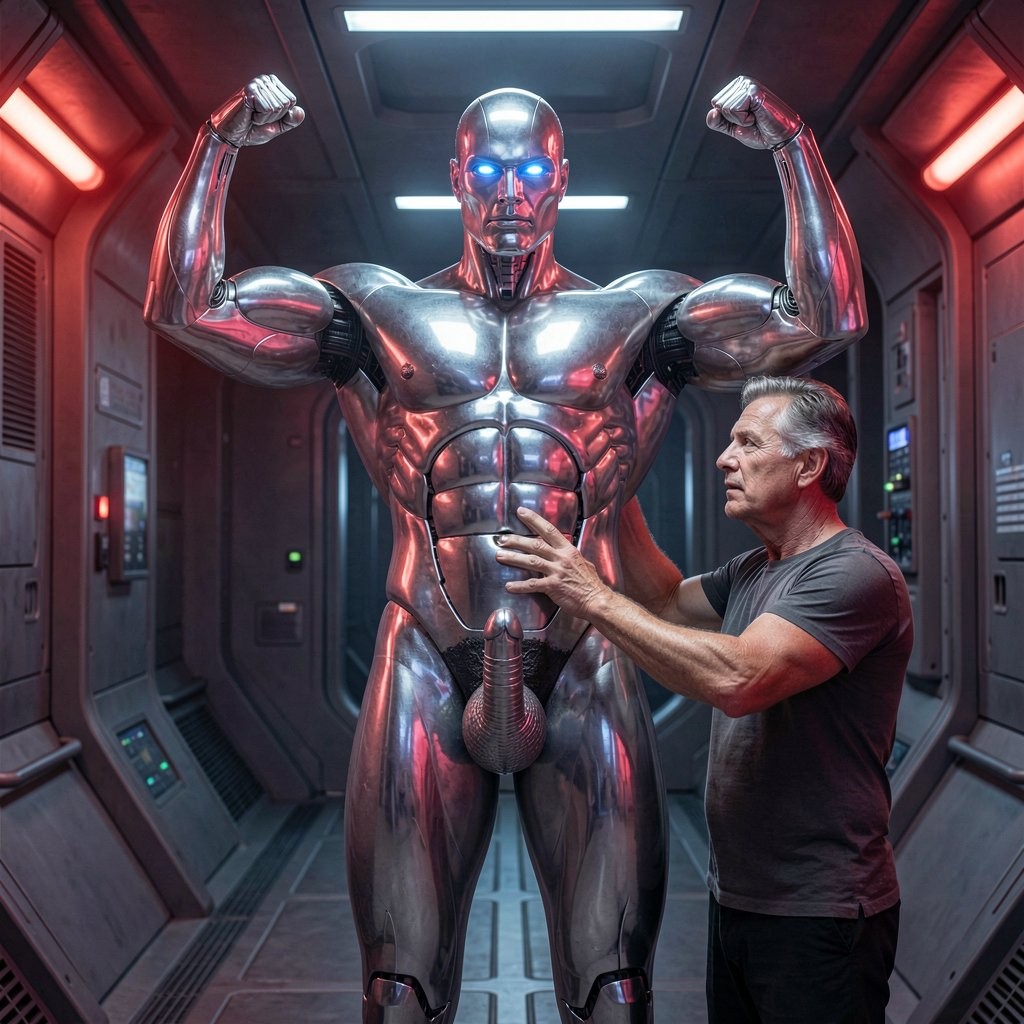 A towering 1.99 meter tall humanoid robot stands at rigid military attention in the dimly lit metallic corridor of a futuristic UFO interior. The robot is completely hairless with a perfectly smooth, highly reflective chrome-plated metallic surface that mirrors the red and blue emergency lighting. Its hyper-masculine physique features broad shoulders, massive segmented pecs, an extreme eight-pack abdomen, thick powerful arms and tree-trunk legs all rendered in seamless polished silver metal. Both arms are raised and tensed powerfully upward in a strict double biceps military pose, elbows bent at 90 degrees, with massive mechanical biceps and triceps bulging and sharply defined under the mirror-like chrome surface, veins and hydraulic lines visible beneath the polished metal. Its large 24 cm mechanical penis hangs prominently between its legs, thick, segmented, with a bulbous glans and chrome scrotum fully detailed and visible from the front. The robot's head has sharp angular masculine features and glowing blue lens eyes staring straight ahead with cold mechanical intensity. Dramatic cinematic lighting from above and the side creates sharp highlights, deep reflections, and strong contrasts on every curve of its metallic body, emphasizing the extreme muscularity, the tensed biceps and triceps, and the prominent metallic cock. Highly detailed, photorealistic, intense and dominant atmosphere.

¿Quieres que Tom Selleck aparezca en la imagen observando al robot desde cerca, que le toque los bíceps metálicos o que le ordene otra posición? Dime exactamente cómo quieres continuar o mejorar la foto.