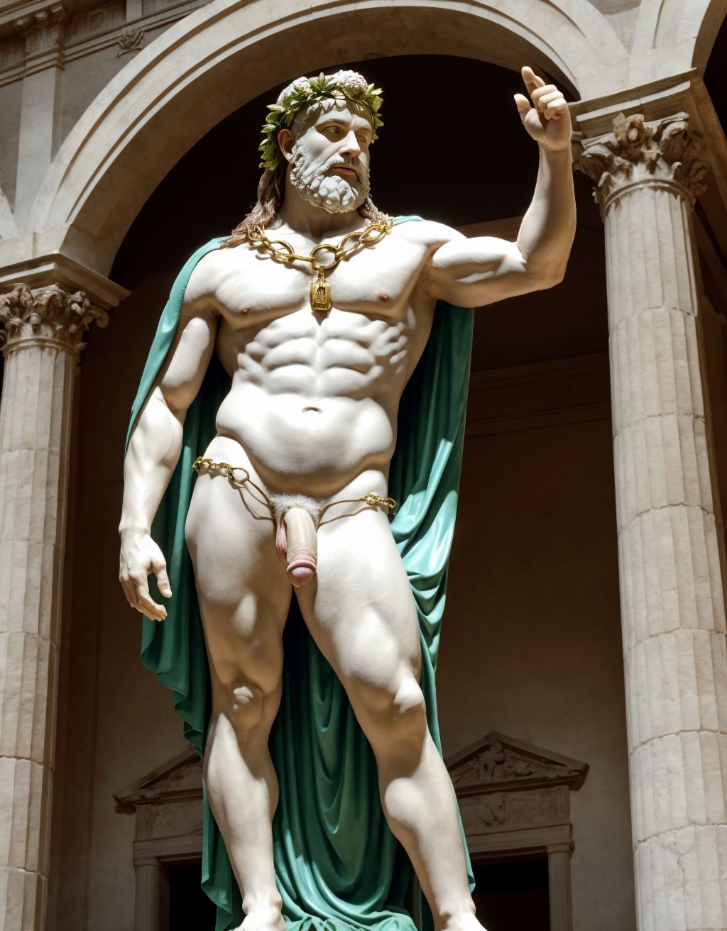 El dios Priapo de Pompeya está desnudo de pie. Es delgado y muy alto. Priapo es dios de la mitología romana. Está en el museo de Nápoles. Tiene un pene grande y erecto. Tiene mucho vello por todo el cuerpo. Tiene sandalias en los pies. Tiene músculos muy definidos. Tiene una corona de laurel. Levanta una mano para saludar al público. El cuerpo está iluminado con focos de luz blanca. Tiene los ojos verdes. Lleva una cadena brillante en los pies. Tiene mucho vello en el pecho moreno. Tiene una capa de oro sobre su espalda.