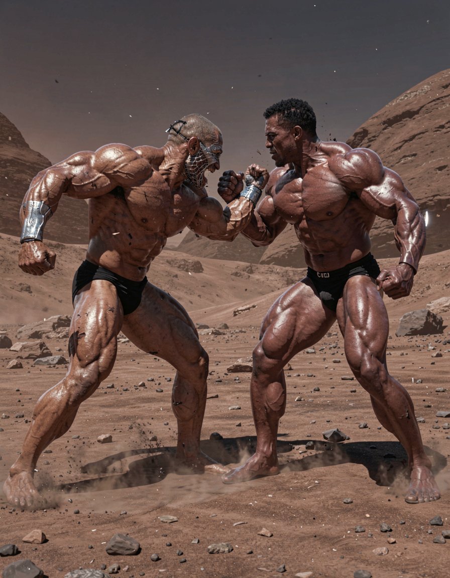 Un robot de titanio con con forma humana y un humano desnudo con el pene erecto, ambos con cuerpos hiper musculosos y definidos, luchan intensamente en el suelo polvoriento de un planeta extraño, sus cuerpos desnudos brillan bajo la luz tenue del sol alienígena. Sus músculos se tensan y se flexionan a medida que se golpean y se empujan, sus penes erectos y metálicos se destacan en la escena