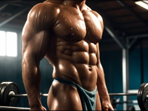 Hombre musculoso de 28 años, jugador de fútbol, cubierto de gotas de agua, parado en un gimnasio, físico atlético, torso desnudo, toalla húmeda en la cintura, piel brillante, sombras dramáticas, expresión serena y cansada, estilo fotorealista, texturas húmedas, fondo desenfocado, enfoque en la forma poderosa del jugador.