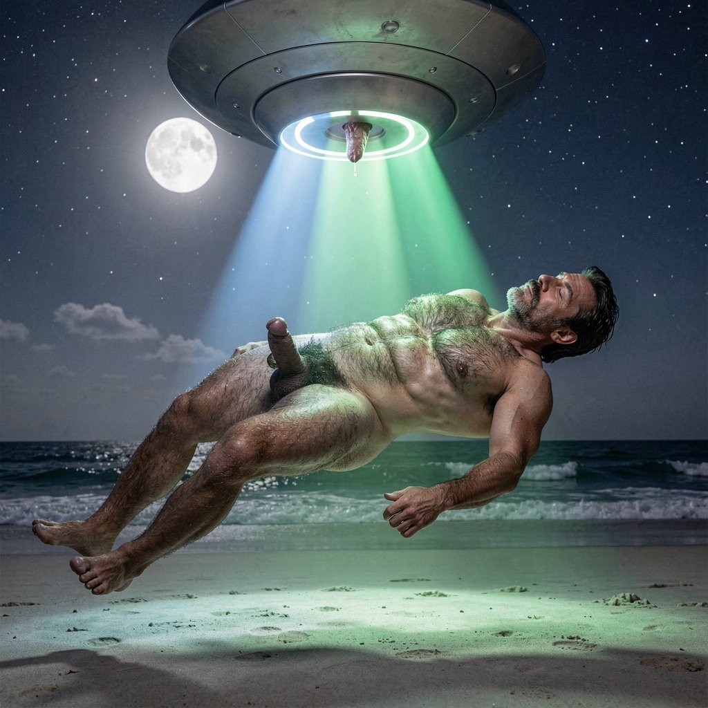 A naked man floats suspended over a nighttime beach while a metallic UFO lifts him with a green and blue beam of light, in a surreal scene of extraterrestrial abduction. His body appears tilted in the air, with a beard, visible body hair, legs extended, one arm hanging down, and his penis exposed, illuminated by the glow descending from the circular craft. In the background, the dark sea with gentle waves can be seen, sand beneath his shadow, a starry sky, and a bright full moon that reinforces the atmosphere of science fiction, mystery, and alien encounter.
