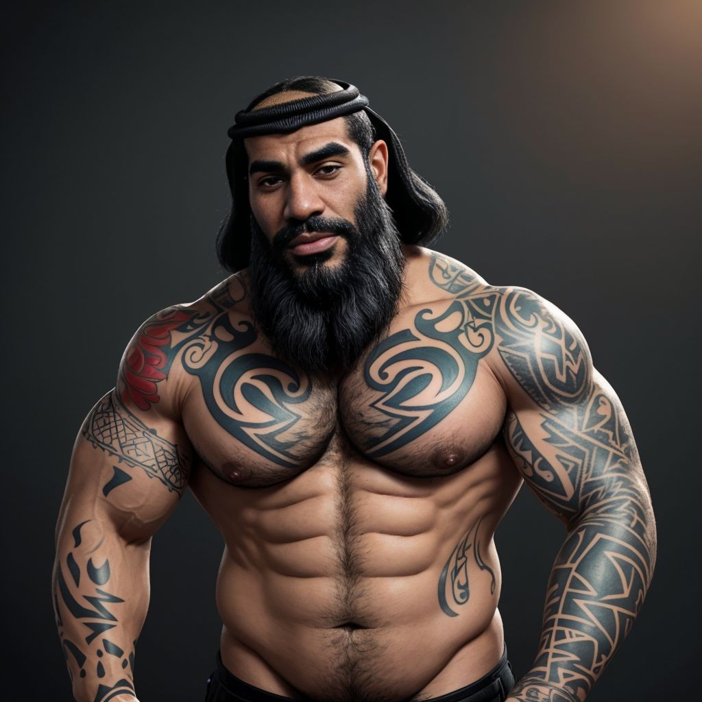 arab male mermaid man , tattooed chest and tattooed arms, thick black beard