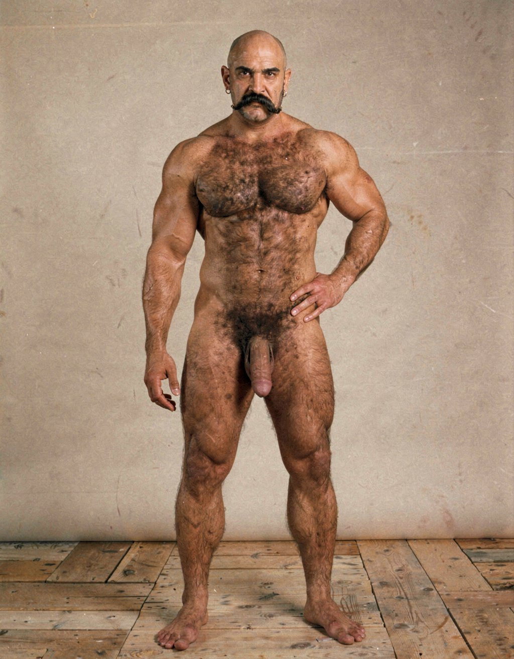 Mike Morris, a powerfully built 32-year-old man with advanced male pattern baldness and a thick dark brown handlebar mustache, stands naked in a warmly lit 1970s studio, his muscular body covered in dense dark brown hair across his broad chest and thick forearms, his erect penis fully exposed and standing long and thick, the prominent glans catching the light, heavy testicles hanging low beneath a dense patch of dark pubic hair. His bare feet are planted firmly on a worn wooden floor, the definition of his calf muscles and quadriceps sharply visible, one hand loosely at his side, the other resting on his hip, his expression intense and direct. Soft golden studio key light from above-left sculpts every detail of his defined pectorals, abdominal six-pack, and the veins running along his forearms and the dorsal side of his erect shaft, with deep shadows under his muscles, the image rendered in ultra-sharp focus with rich warm tones and subtle film grain, capturing the iconic Colt Studio aesthetic at its highest resolution.