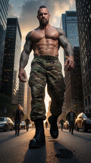 Un hombre gigantesco y extremadamente musculoso avanza por una avenida urbana entre rascacielos, con el torso desnudo, abdominales marcados, pecho amplio y brazos cubiertos de tatuajes tipo manga. Lleva pantalones militares de camuflaje, cinturón táctico y botas negras pesadas, proyectando una presencia imponente y dominante. Su barba oscura, el pelo corto peinado hacia atrás y la expresión seria refuerzan un aspecto de soldado, culturista o figura de acción. A su alrededor, coches, peatones diminutos y edificios altos iluminados por una luz de atardecer crean una escena cinematográfica de ciudad moderna, con sombras largas, asfalto mojado y atmósfera dramática.