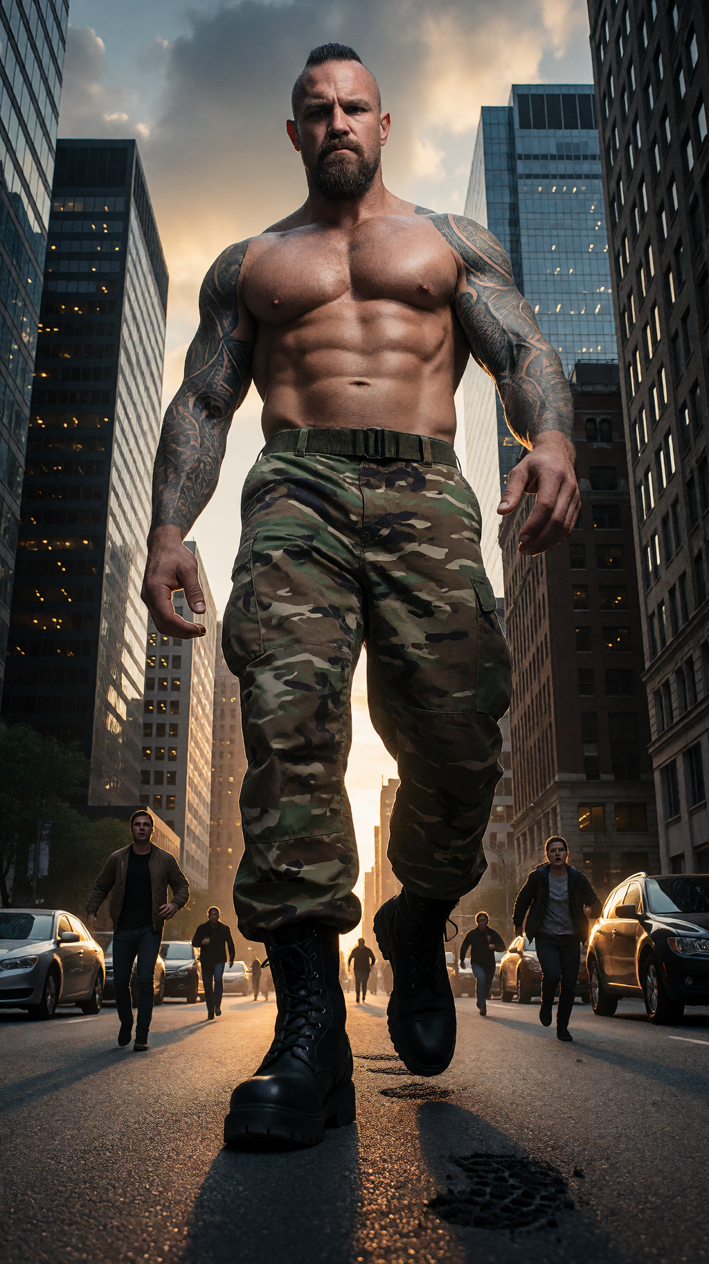 Un hombre gigantesco y extremadamente musculoso avanza por una avenida urbana entre rascacielos, con el torso desnudo, abdominales marcados, pecho amplio y brazos cubiertos de tatuajes tipo manga. Lleva pantalones militares de camuflaje, cinturón táctico y botas negras pesadas, proyectando una presencia imponente y dominante. Su barba oscura, el pelo corto peinado hacia atrás y la expresión seria refuerzan un aspecto de soldado, culturista o figura de acción. A su alrededor, coches, peatones diminutos y edificios altos iluminados por una luz de atardecer crean una escena cinematográfica de ciudad moderna, con sombras largas, asfalto mojado y atmósfera dramática.