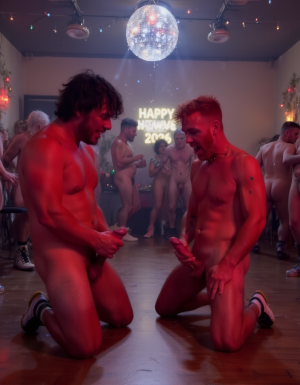 Noche Vieja. En la pista de baile de una discoteca de los años ochenta están Juan y Pedro, tienen calzado estilizado pero están totalmente desnudos. Pedro está de rodillas frente al pene de Juan y Juan está de pie.
Juan es un hombre de 50 años de edad, muy atlético y tiene músculos muy definidos y es muy peludo, está totalmente desnudo, tiene un pene largo erecto de 35 cm de longitud y 9 cm de diámetro, tiene cabello negro largo y desordenado, tiene barba abundante de color negro, tiene abundante vello pectoral oscuro, tiene piernas masculinas con abundante vello, tiene brazos peludos, está sonriendo de felicidad.
Pedro es un hombre de 58 años de edad con músculos marcados sin grasa, está totalmente desnudo en la pista de baile, tiene un pene de 39 cm de longitud y 9 cm de diámetro, tiene abundante cabello rizado y largo de color rojo, tiene abundante vello pectoral rojo oscuro, tiene piernas masculinas con mucho vello, tiene brazos peludos y muy masculinos. Pedro tiene presencia atlética y es muy peludo, tiene mucho pelo por todo su cuerpo, tiene aspecto muy masculino. La luz de colores rojo azul verde amarillo y blanco envuelve al ambiente. Hay una bola de cristal colgada en el techo que refleja rayos de luz blanca con brillos luminosos a modo de discoteca años ochenta. El fondo de la discoteca y su alrededor está lleno de adornos navideños y luces de colores. En la pared del fondo está el texto luminoso de "Feliz Año Nuevo" en español, emitiendo una luminosa luz brillante. También hay un cartel iluminado con el texto: "Noche Vieja 2025 - 2026". De fondo hay muchos hombres desnudos con penes erectos que están bailando bajo la bola de cristal de los años ochenta que refleja rayos de luz blanca brillante, todos gritan ¡¡Viva la Noche Vieja!!. Pedro está de rodillas con la boca abierta muy cerca de Juan e introduce el pene de Juan en su boca, Juan mete su pene en la boca de Pedro. ((Imagen de alta definición, imagen calidad 4K, UHD)) La bola de cristal está colgando del techo, la bola de cristal está reflejando rayos de luz blanca brillante. Todos los personajes del fondo están bailando y riendo con alegría menos Pedro que no baila, Pedro está de rodillas con el pene de Juan en su boca abierta. En la pared hay un cartel luminoso con el texto: "Noche Vieja" en español. ((Imagen de alta definición, imagen calidad 4K, UHD))