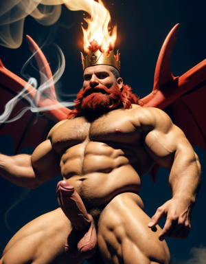 Cneo Pompeyo Magno desnudo con pene grande y testículos grandes peludos. Dobla el brazo derecho para enseñar los bíceps del brazo derecho con gran orgullo. Tiene mucho vello por todo el cuerpo. Está bronceado. Tiene corona de oro. Tiene alas de diablo negras y rojas oscuro. Los brazos están hacia arriba implorando rayos y fuego. Tiene un chorro de fuego en el pene que sale a chorros rojos hacia arriba de su pene erecto tieso hacia arriba. Sus ojos son grandes y rojos. Está enseñando sus grandes testículos. Tiene testículos grandes y oscuros. Está alumbrado con mucha luz roja por todo el cuerpo. Es muy atractivo. Está rodeado de llamas y humo. Tienen cara fuerte de maldad y con barba muy grande y ojos diabólicos