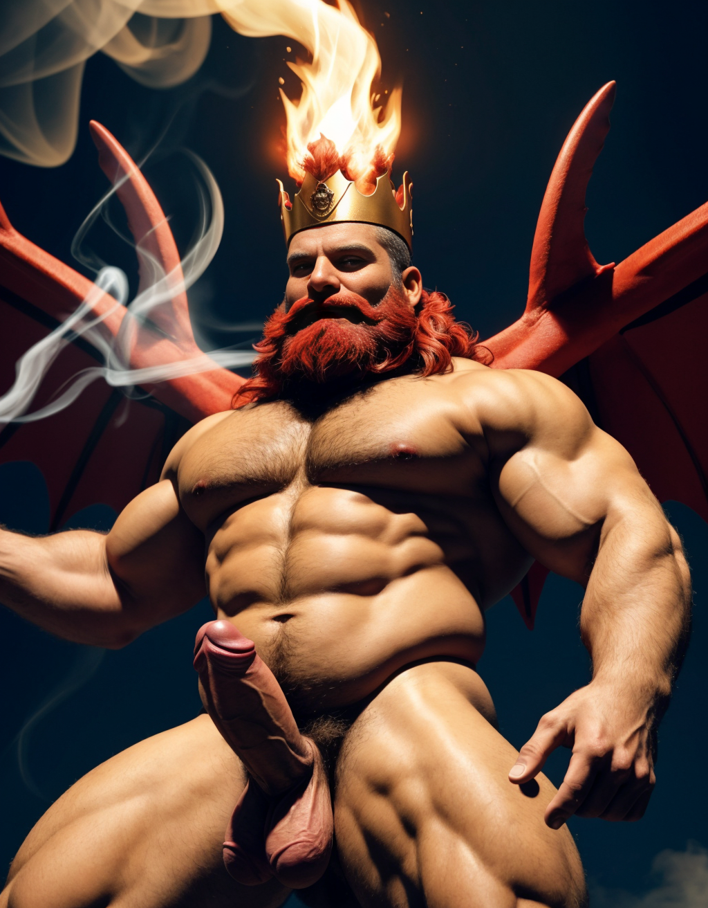 Cneo Pompeyo Magno desnudo con pene grande y testículos grandes peludos. Dobla el brazo derecho para enseñar los bíceps del brazo derecho con gran orgullo. Tiene mucho vello por todo el cuerpo. Está bronceado. Tiene corona de oro. Tiene alas de diablo negras y rojas oscuro. Los brazos están hacia arriba implorando rayos y fuego. Tiene un chorro de fuego en el pene que sale a chorros rojos hacia arriba de su pene erecto tieso hacia arriba. Sus ojos son grandes y rojos. Está enseñando sus grandes testículos. Tiene testículos grandes y oscuros. Está alumbrado con mucha luz roja por todo el cuerpo. Es muy atractivo. Está rodeado de llamas y humo. Tienen cara fuerte de maldad y con barba muy grande y ojos diabólicos