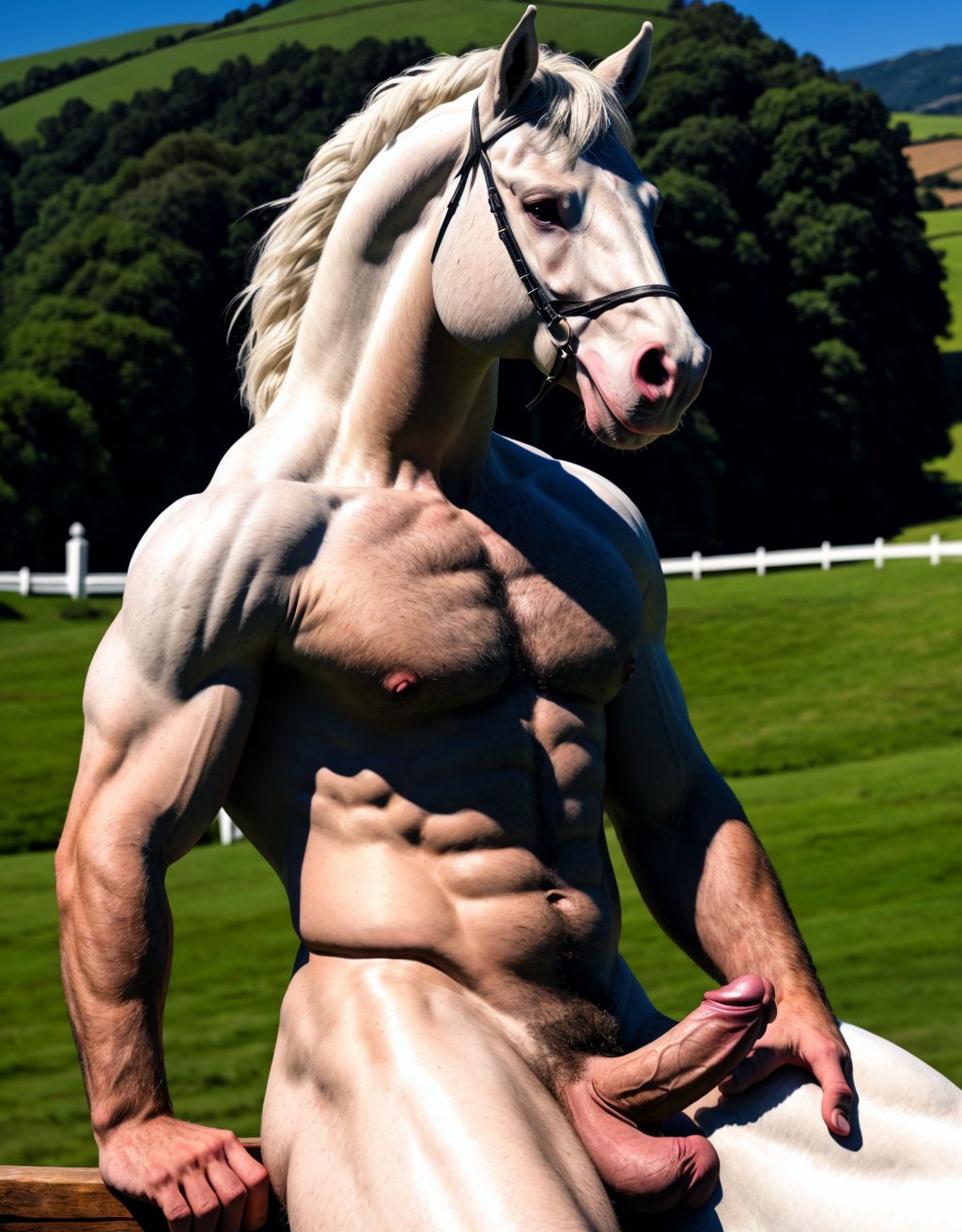 Hombre desnudo con pene grande y grandes testículos peludos. Está en un caballo blanco.