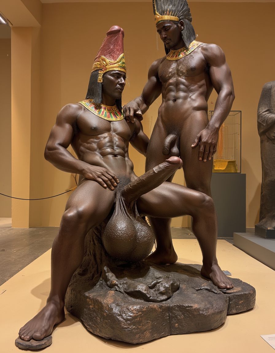 Akhenatón (originalmente llamado Amenhotep IV) fue un faraón egipcio que gobernó durante la Dinastía XVIII (Imperio Nuevo), aproximadamente entre 1353 a.C. y 1336 a.C. Es un hombre faraón de los más fascinantes y revolucionarios de la historia egipcia debido a su radical reforma religiosa. Está totalmente desnudo y en sus pies lleva sandalias de lujo de oro. Tiene un pene erecto de 20 cm de longitud y 8 cm de diámetro. Es admirado por su bello cuerpo de atleta. Tiene grandioso pene de 22 cm de longitud y 9 cm de diámetro y lo tiene en erección. Tiene el pene erecto. Aspecto muy masculino. A su lado hay otro hombre que lo ama, está detrás de él con la mano derecha en su pene, cogiendo el pene con pasión, su pene de 30cm de longitud y 9 cm de diámetro se lo mete en el ano, meneando la polla y acariciando su culo con amor ❤️ . Tienen todos los músculos en tensión, es una imagen muy masculina y viril. Penes en erección, muy excitados. Mucho amor. Sexo explicito muy potente, pasión. Abrazo. Beso en los labios. Sexo anal 