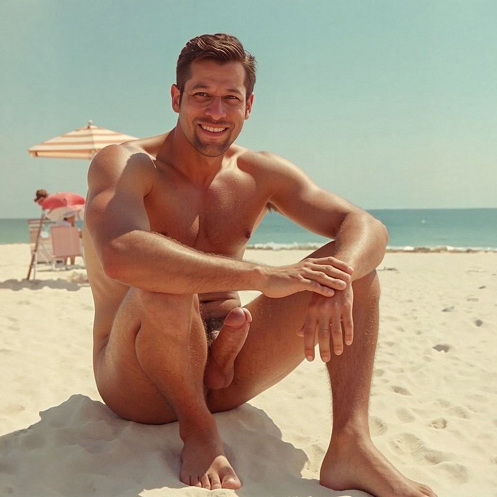 Un hombre desnudo y sonriente posa sentado sobre la arena de una playa soleada, con el torso musculado al descubierto, las piernas flexionadas y los brazos apoyados de forma relajada sobre las rodillas. Su pene queda visible entre las piernas, en una escena de desnudo natural sin gesto sexual explícito. Al fondo se aprecia el mar azul, la línea del horizonte, una sombrilla de playa a rayas y una persona junto a una silla, todo bajo una luz cálida de verano que refuerza el ambiente vacacional, tranquilo y luminoso.