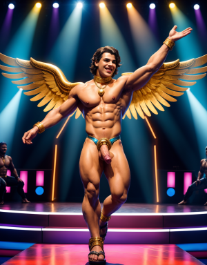 Hermes es el dios de los mensajeros, el comercio, los ladrones, y los viajeros. Tiene sandalias. Tiene pene grande y largo. Tiene testículos muy grandes. Está acariciando su pene. Está bailando en el escenario acompañado por dos bailarines desnudos. Tiene un pañuelo en la mano derecha.