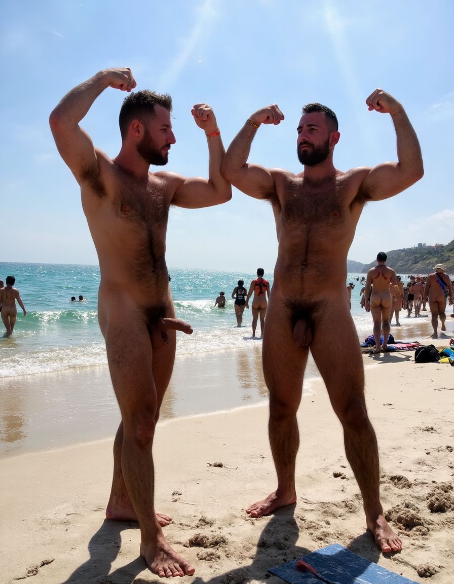 Solo hombres desnudos musculosos. Tienen un pene erecto de 50 cm de longitud y 8 cm de diámetro. Antonio tiene un pene de 50 cm de longitud y 8 cm de diámetro. Juan tiene músculos muy definidos y tiene mucho vello es muy peludo. Tienen sandalias en sus pies. Flexionan sus brazos hacia arriba para enseñar sus músculos bíceps mientras se miran fijamente con pasión. Fondo de una playa con un mar precioso. Fondo de muchos hombres desnudos caminando saliendo del mar hacia la playa donde tienen esterillas sobre la arena de la playa.