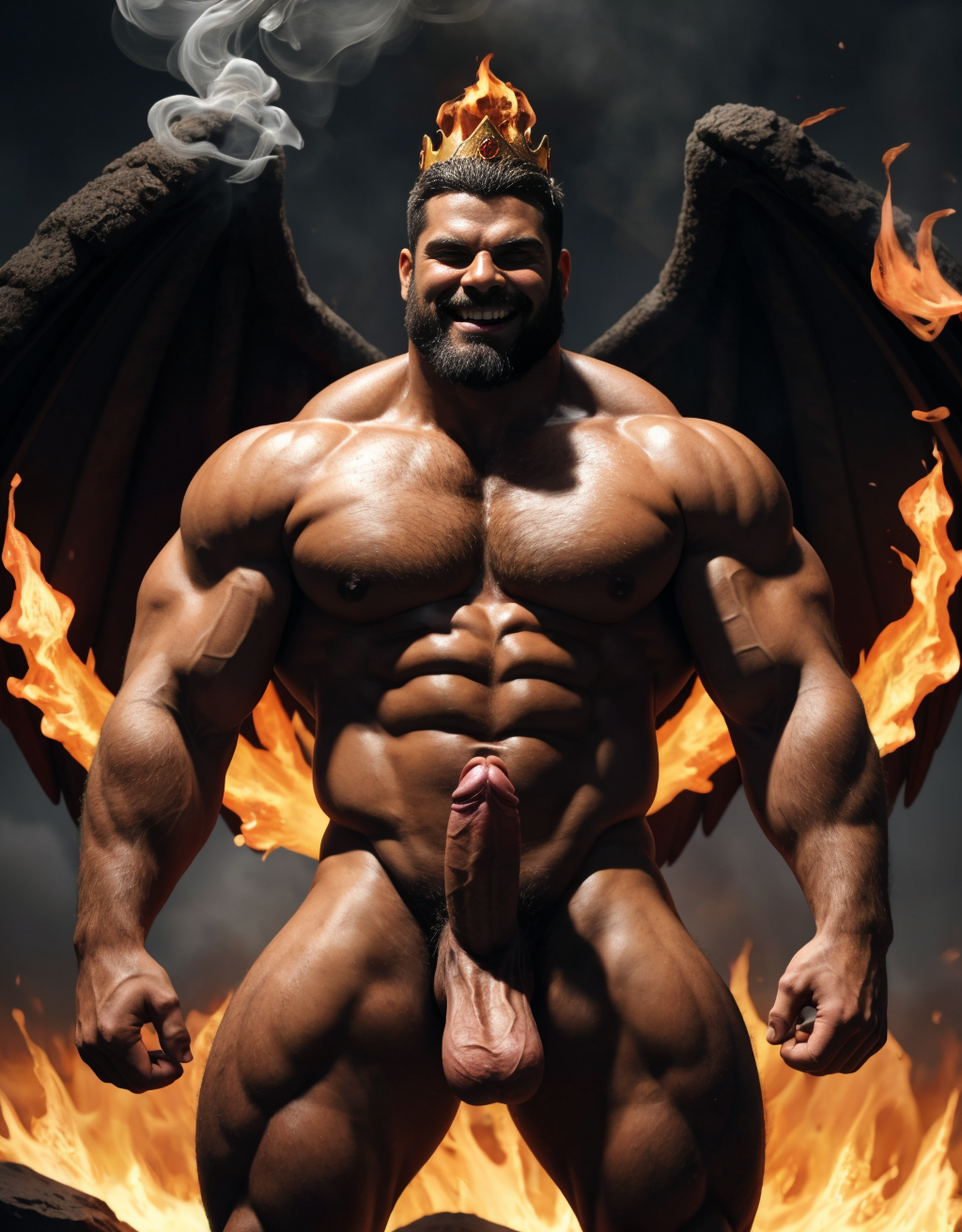 Cneo Pompeyo Magno desnudo con pene grande y testículos grandes peludos. Dobla el brazo derecho para enseñar los bíceps del brazo derecho con gran orgullo. Tiene mucho vello por todo el cuerpo. Está bronceado. Tiene corona de oro. Tiene alas de diablo negras y rojas oscuro. Los brazos están hacia arriba implorando rayos y fuego. Tiene un chorro de fuego en el pene que sale a chorros rojos hacia arriba de su pene erecto tieso hacia arriba. Sus ojos son grandes y rojos. Está enseñando sus grandes testículos. Tiene testículos grandes y oscuros. Está alumbrado con mucha luz roja por todo el cuerpo. Es muy atractivo. Está rodeado de llamas y humo. Tienen cara de maldad y con barba. Se ven los pies. ¿Donde están sus pies? quiero ver los pies. Está delgado.