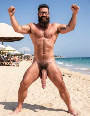 A highly detailed full-body nude photograph of a 40-year-old dominant muscle bear named Hipsterbarba, standing confidently in a well-lit studio with dramatic lighting that accentuates every muscle. He is 180cm tall, 80kg with 8% body fat, extremely muscular and symmetrical. Massive rounded hairy pecs with clear separation and dark pointed nipples, shredded six-pack abs with deep cuts and visible obliques forming a strong V-taper, wide shoulders, vascular arms, huge quads and defined legs. Very dense black masculine body hair covering his chest, running down in a thick treasure trail to a very bushy dark pubic area. He has a perfectly groomed long Bandholz beard that reaches mid-chest, thick mustache with curled upward spiral ends, modern high fade undercut hairstyle, black hipster glasses, and a small tattoo on his right bicep that reads 