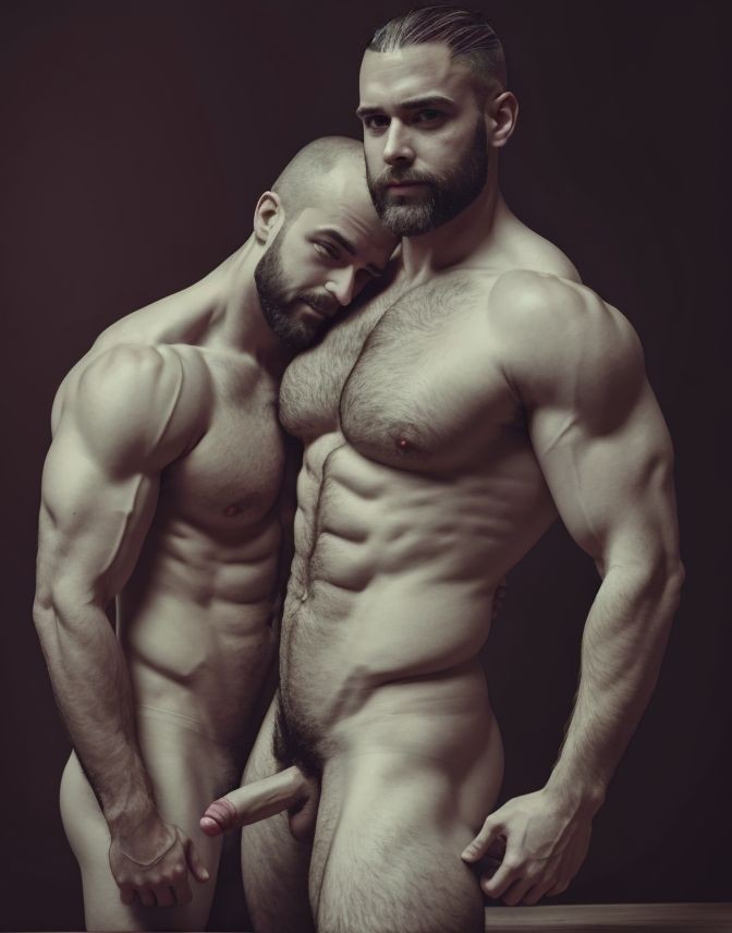 Dos hombres desnudos y musculosos posan juntos sobre un fondo oscuro de estudio, con una iluminación dramática que resalta sus torsos definidos, abdominales marcados, hombros anchos y brazos fuertes. El hombre de la derecha, más alto, lleva barba y el pelo recogido hacia atrás, mantiene una expresión seria y mira al frente mientras su pene queda visible en primer plano; el hombre de la izquierda, con la cabeza rapada y barba corta, apoya la cabeza sobre su pecho en una postura íntima y cercana. La escena tiene un tono artístico y sensual, con piel, vello corporal, anatomía masculina y contraste de sombras cuidadosamente enfatizados.