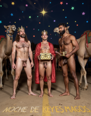 Los Reyes Magos:
Melchor es un hombre de 60 años, tiene una larga cabellera, tiene barba blanca, es de Europa. Está totalmente desnudo pero lleva corona de rey 👑, en sus manos lleva un cofre con oro. Tiene un cuerpo con músculos marcados y definidos. Tiene un pene erecto de 36 cm de longitud y 7 cm de diámetro. Tiene mucho vello corporal blanco.

Gaspar es un hombre de 30 años con rasgos asiáticos y una barba rubia, está totalmente desnudo pero lleva una corona de rey 👑, tiene un cuerpo atlético y vigoroso, tiene mucho vello corporal rubio, tiene una bandeja con incienso en sus manos.
Baltasar es un hombre de 45 años de edad proviene de África, tiene piel oscura, es moreno, lleva un tarro de mirra. Tiene cuerpo atlético con músculos muy marcados, tiene mucho vello negro rizado por todo el cuerpo, su cabello es abundante rizado y negro, tiene una barba negra abundante, tiene un enorme pene erecto de 40 cm de longitud y 9 cm de diámetro.
En el fondo hay tres camellos y la estrella de Oriente, y muchas pequeñas estrellas de colores. En el suelo está escrito: “Noche de Reyes Magos” en español.