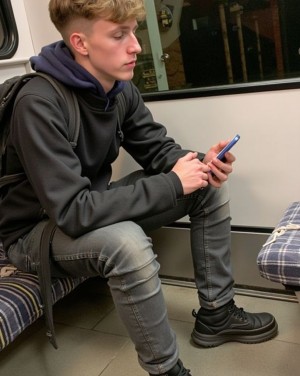 Scally lad, 20 años, pelo rubio ondulado con corte undercut moderno, rasgos faciales juveniles y suaves, mandíbula definida, perfil europeo, sentado en asiento de tren o metro con las piernas abiertas, sudadera gris con capucha azul marino debajo, mochila negra en el hombro, vaqueros grises ajustados, zapatillas deportivas negras gruesas estilo chunky, sosteniendo móvil azul en las manos mirándolo concentrado, postura relajada y despreocupada, piernas separadas ocupando espacio, asiento de tren con tapizado a cuadros visible al lado, ventana del vagón al fondo, iluminación artificial de transporte público, ambiente urbano cotidiano, expresión tranquila y absorta en la pantalla.